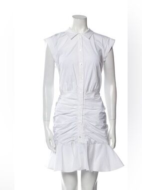 Veronica Beard White Sleeveless Ruched Button-Front Dress with Ruffle Hem